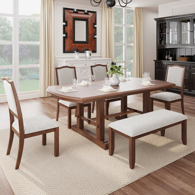 6-Piece Extendable Dining Table Set, 60–78 in. Wood Table with Removable Leaf, 4 Upholstered Chairs and Bench, Cherry Finish