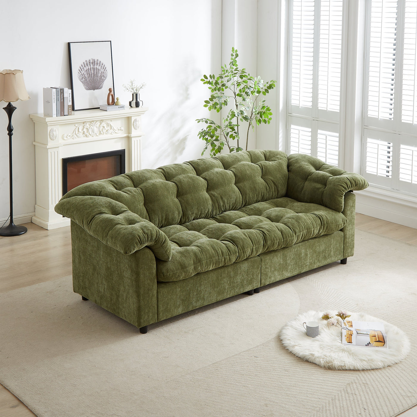 99.2' Chenille Modern Comfort Deep Seat Sofa, Upholstered Fluffy Cloud Sofa Suitable for living rooms, bedrooms, offices and apartments, Green