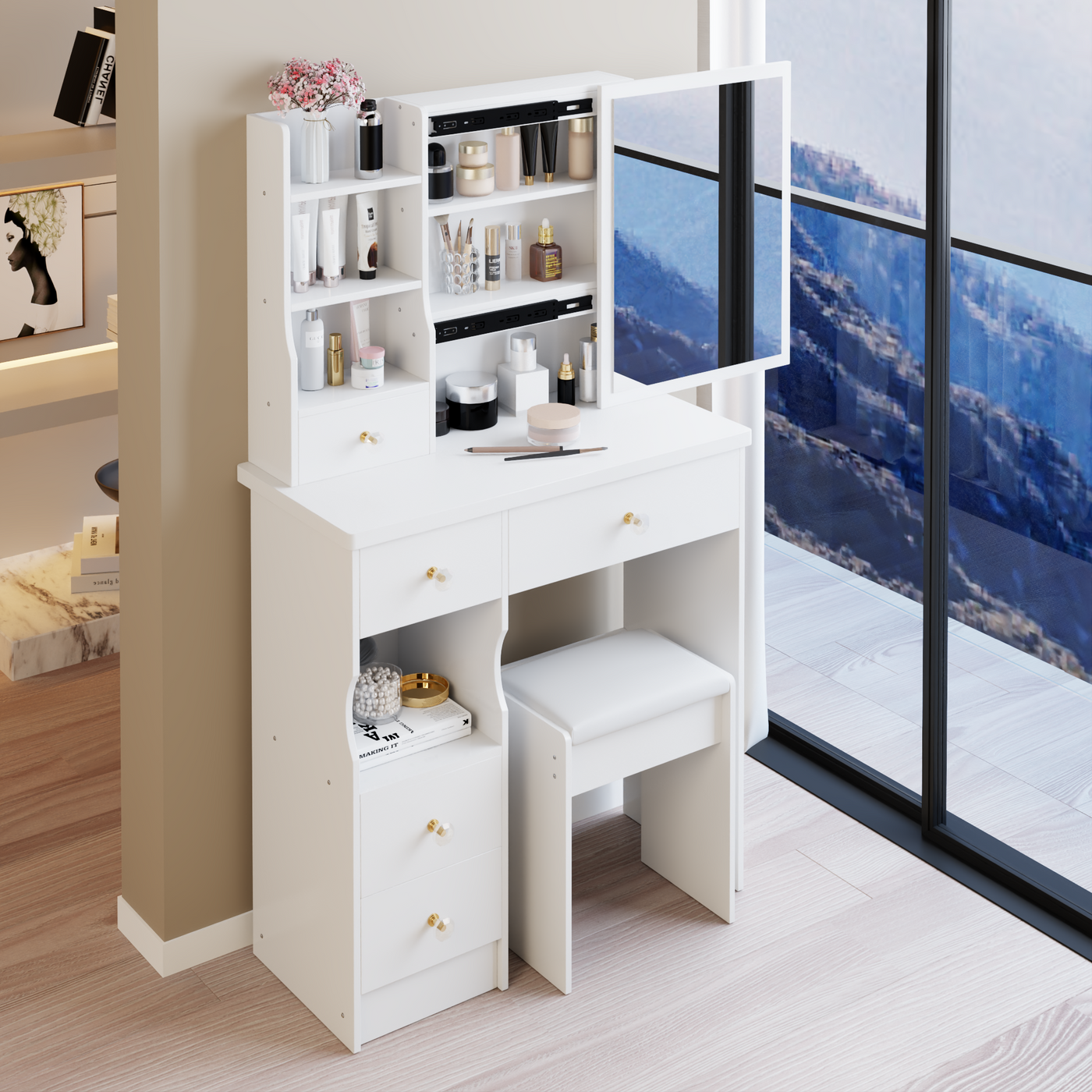 29.2' Small Size Left Drawer Desktop Vanity Table + Cushioned Stool, Extra Large Right sliding mirror, Multi Layer High Capacity Storage, Practical Fashionable Dresser, Suitable For Small Space
