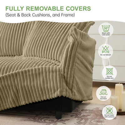 Slip-covered Armchair with 1 Big Back Cushion and 2 Big Toss Pillows, Single Deep Seat Comfy Single Couch Sofa Multiple Large Soft Pillows, Camel Corduroy Fabric