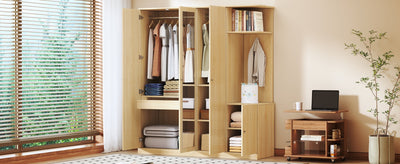 4-Door Wardrobe with Shelves, Drawers, and Full-Length Mirror, Natural