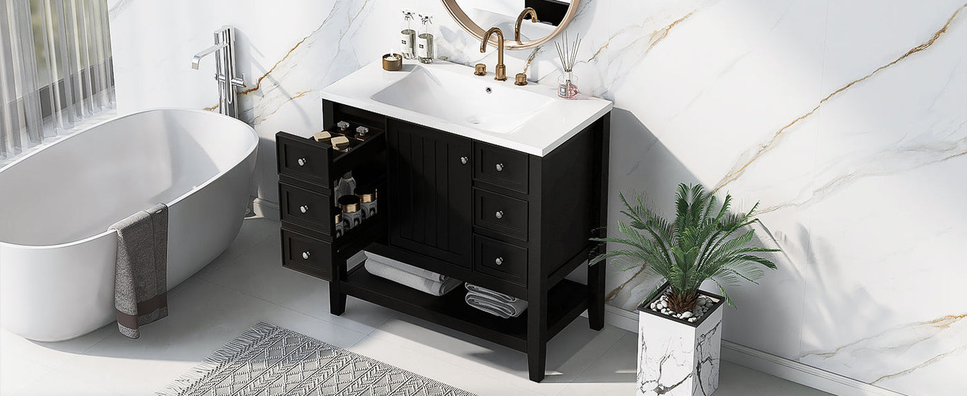 36' Bathroom Vanity with Sink Combo, One Cabinet and Three Drawers, Solid Wood and MDF Board, Black (Old Sku:SY999505AAB)