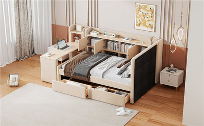Twin Size Upholstered Daybed with Drawers, Shelves, Flip Cabinets & Side Table (Beige)