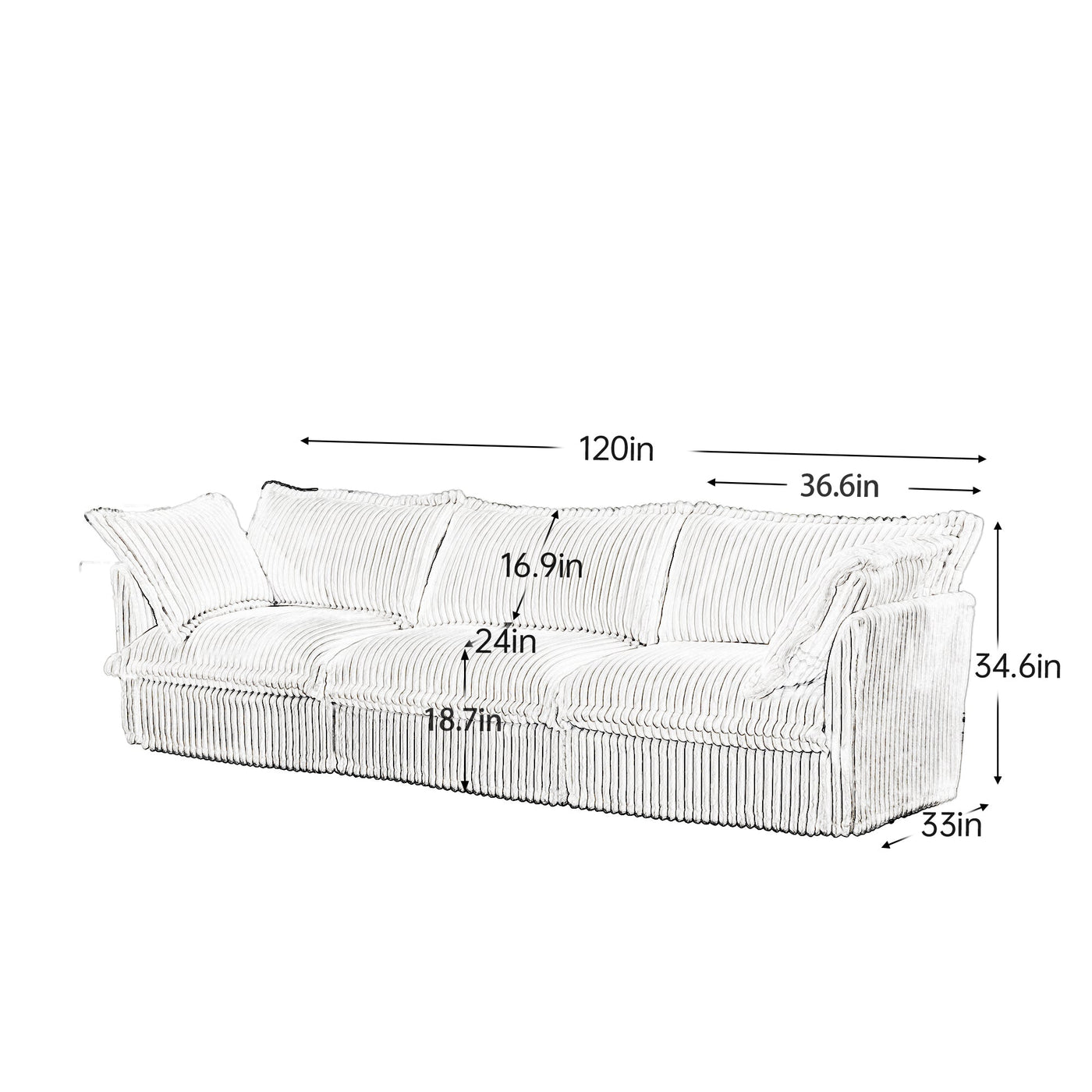 Slipcovered Sofa Couch, Modern 3 Seater Sofa with Suppleness Armrests,Deep Seat Sofa with Soft Multiple Big Pillows, Comfy Couch for Living Room, Apartment,Black Corduroy Fabric