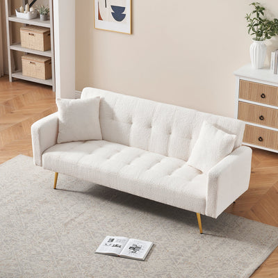 Teddy Fleece Sofa Bed with Luxurious Throw Pillows, Beige Fabric, 71.7-Inch