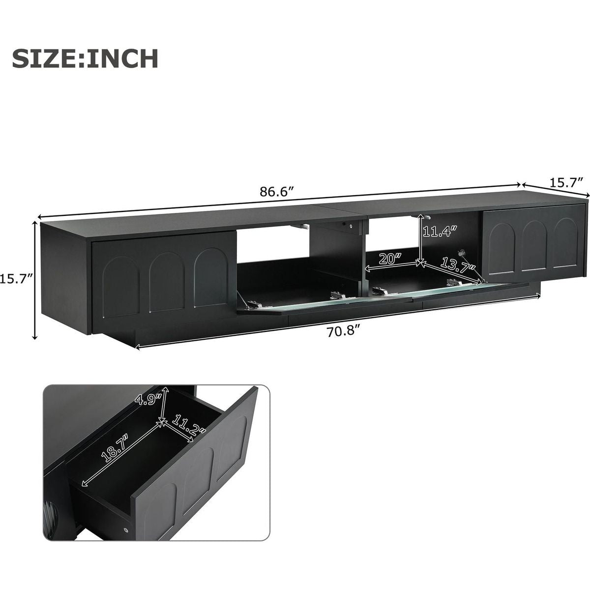 TV Stand with Fluted tempered Glass Doors for TVs Up to 95", Functional Media Console with Arched Cabinet Doors, Entertainment Center with APP-Controlled LED Light for Living Room, Black