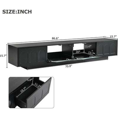 TV Stand with Fluted tempered Glass Doors for TVs Up to 95", Functional Media Console with Arched Cabinet Doors, Entertainment Center with APP-Controlled LED Light for Living Room, Black