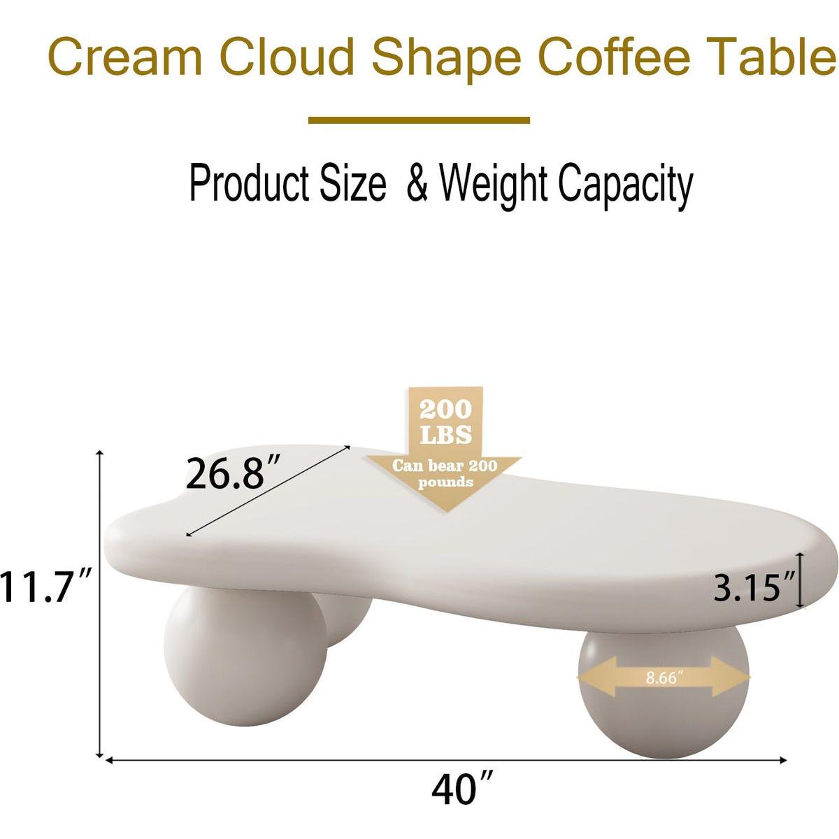 40 Inch Cloud Shaped Coffee Table with 3 Ball Legs for Living Room, Cream White