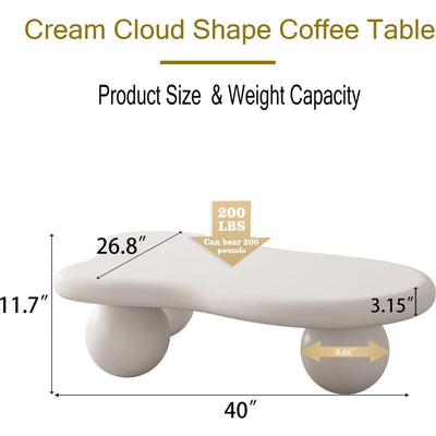40 Inch Cloud Shaped Coffee Table with 3 Ball Legs for Living Room, Cream White