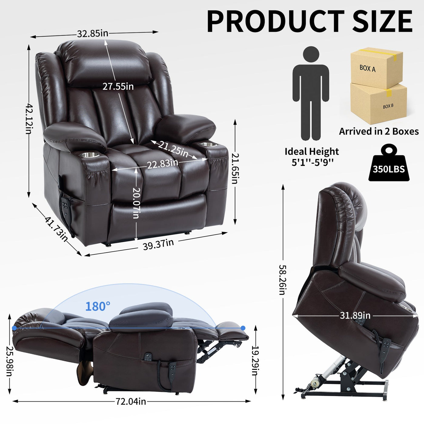 Dual Motor Infinite Position Up to 350 LBS Leatherair Power Lift Recliner Chair, Heavy Duty Motion Mechanism with 8-Point Vibration Massage and Lumbar Heating, Stainless steel Cup Holders, Brown