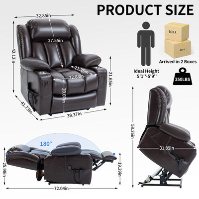 Dual Motor Infinite Position Up to 350 LBS Leatherair Power Lift Recliner Chair, Heavy Duty Motion Mechanism with 8-Point Vibration Massage and Lumbar Heating, Stainless steel Cup Holders, Brown