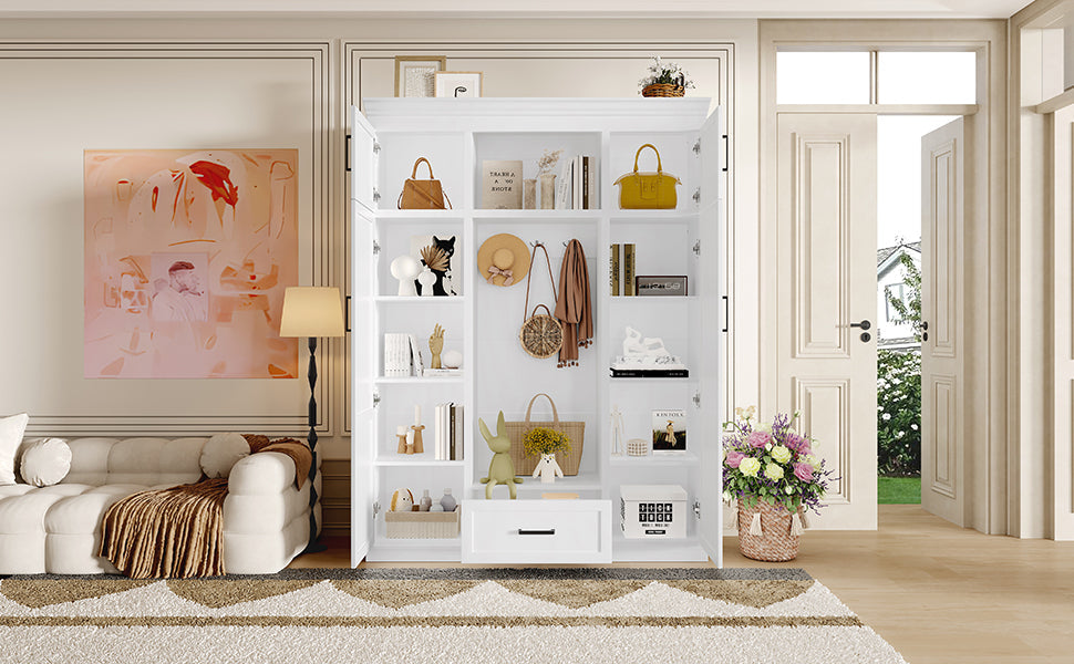 U-Can 85.2''H Hall Tree with Bench and 3 Hooks, Modern Entryway Storage Organizer Cabinet with 4 Doors, 1 Drawer and Adjustable Shelves for Hallway, Entryway, Living Room