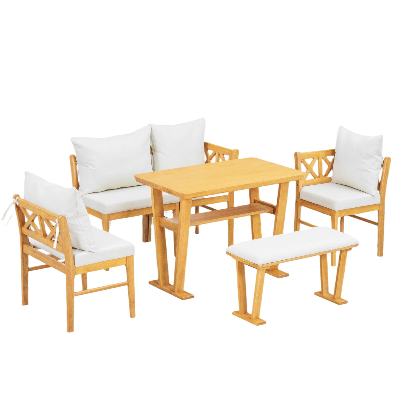 Farmhouse Solid Wood Dining Nook Set for 6, Space-Saving High Top Corner Table with Bench & Chairs, Natural+White