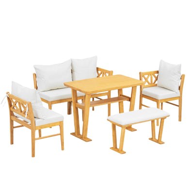 Farmhouse Solid Wood Dining Nook Set for 6, Space-Saving High Top Corner Table with Bench & Chairs, Natural+White