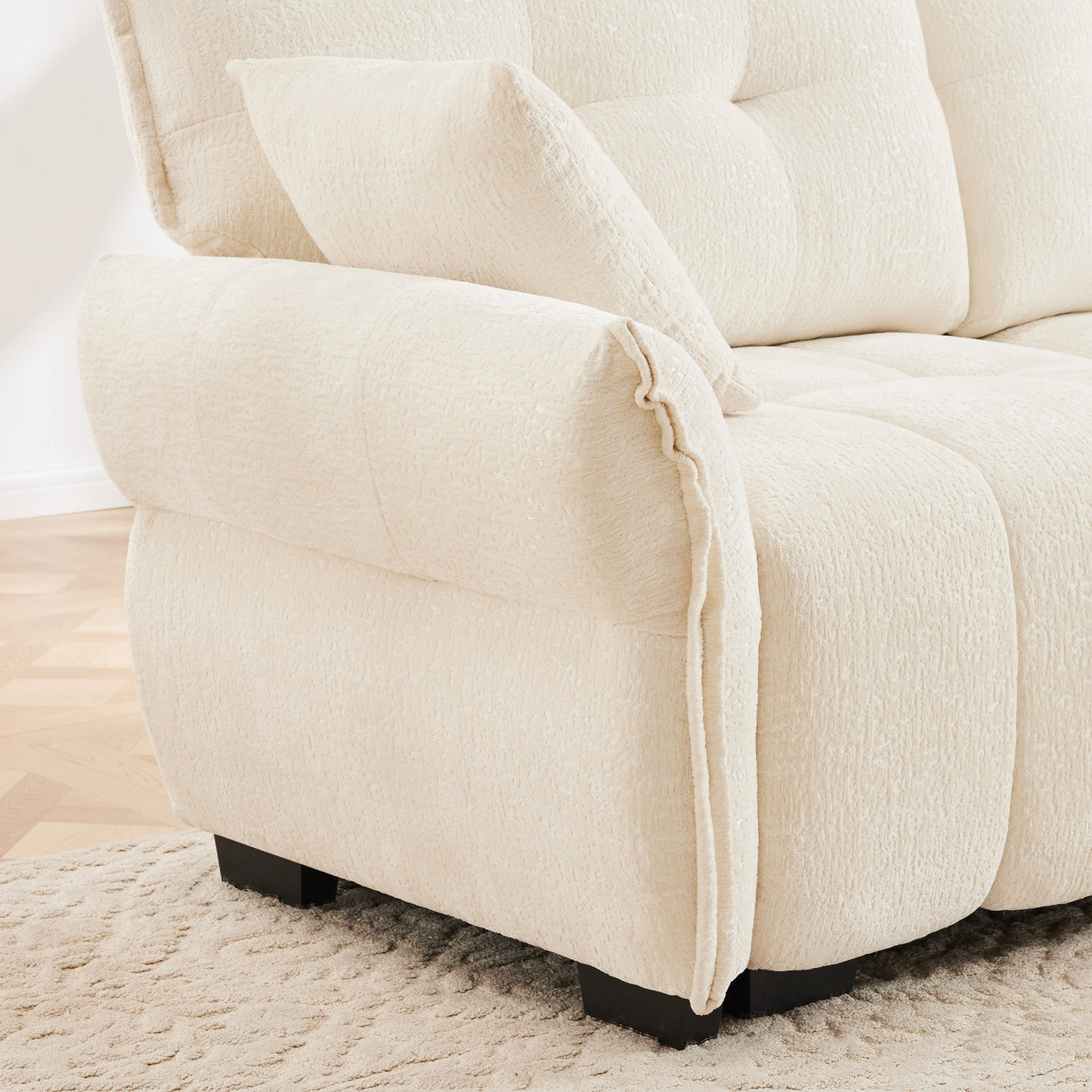 Elegant Textured Chenille 3 Seater Sofa Set with Ottoman and Throw Pillows in Sturdy Solid Wood Frame, White