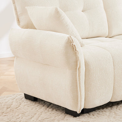 Elegant Textured Chenille 3 Seater Sofa Set with Ottoman and Throw Pillows in Sturdy Solid Wood Frame, White