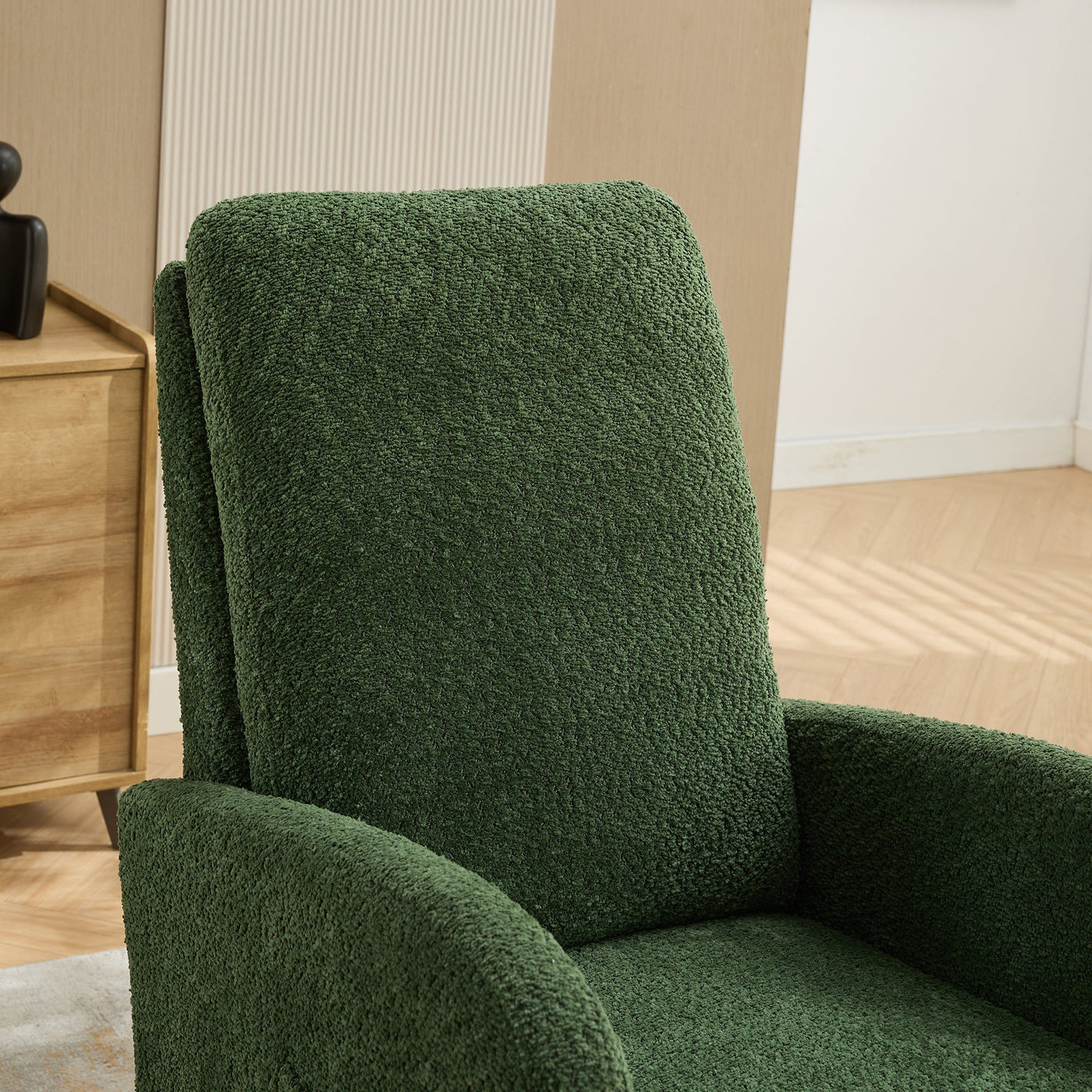 25.4'W Green Boucle High Back Glider Rocking Chair with Retractable Footrest and Rubber Wood Legs for Nursery and Living Room