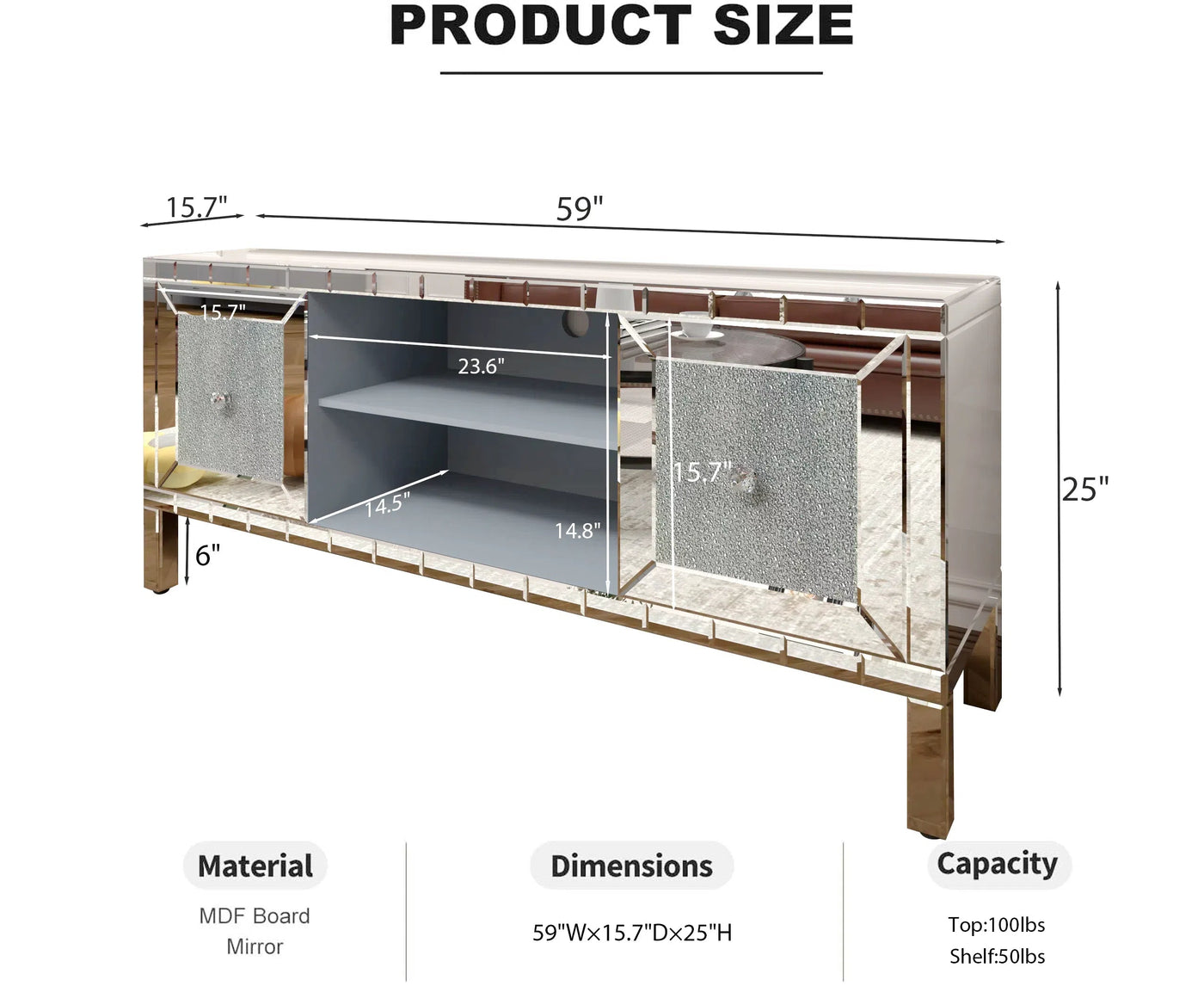 60' Mirrored TV Stand with Crushed Diamond Glass Doors - Modern Media Entertainment Center for Living Room, Adjustable Storage TV Console Table for 65-Inch TV