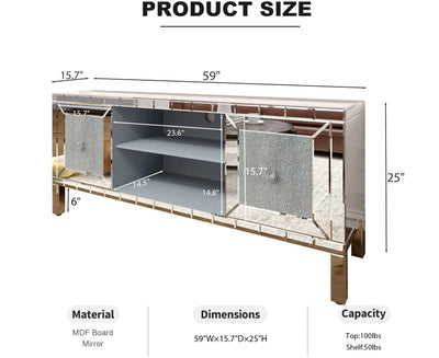 60' Mirrored TV Stand with Crushed Diamond Glass Doors - Modern Media Entertainment Center for Living Room, Adjustable Storage TV Console Table for 65-Inch TV