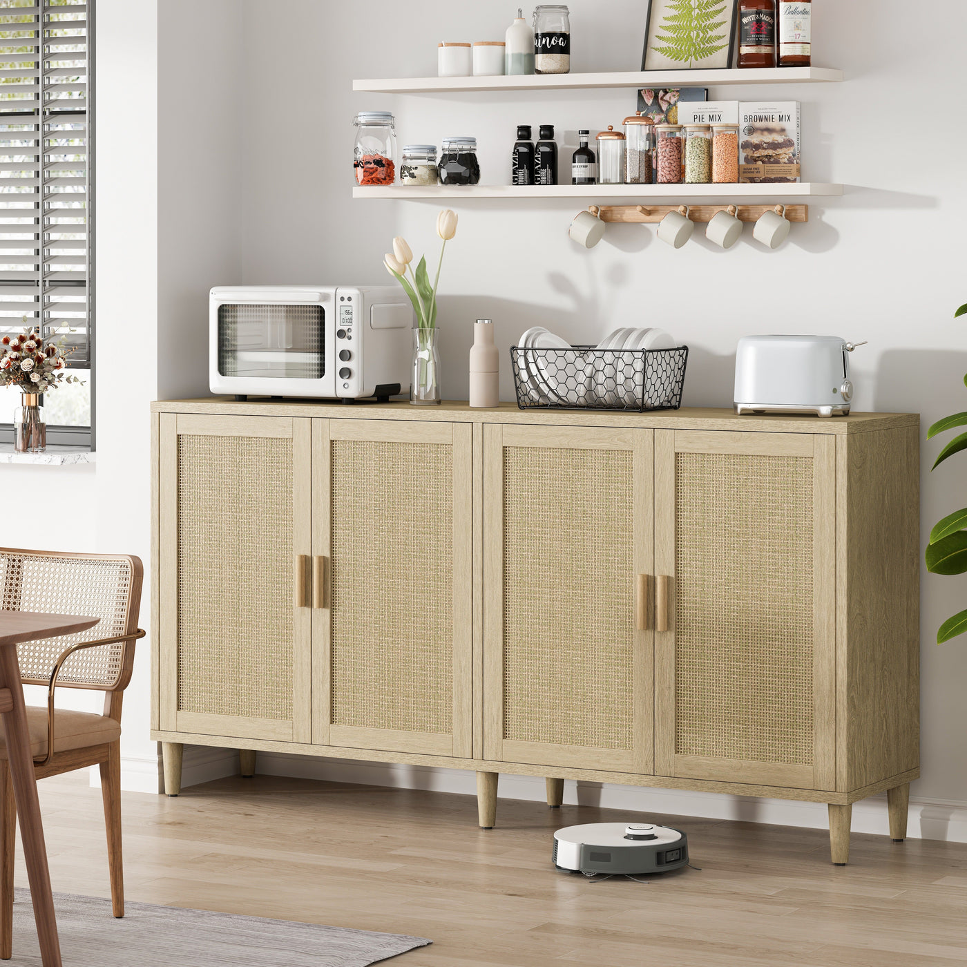 Natural Rattan Buffet Cabinet with Storage, 4-Door Sideboard, Adjustable Shelves, 70-Inch