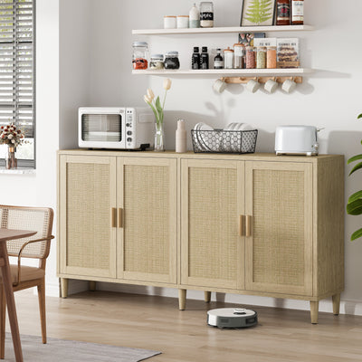 Natural Rattan Buffet Cabinet with Storage, 4-Door Sideboard, Adjustable Shelves, 70-Inch