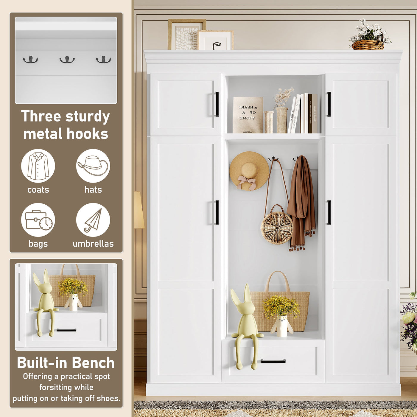 U-Can 85.2''H Hall Tree with Bench and 3 Hooks, Modern Entryway Storage Organizer Cabinet with 4 Doors, 1 Drawer and Adjustable Shelves for Hallway, Entryway, Living Room