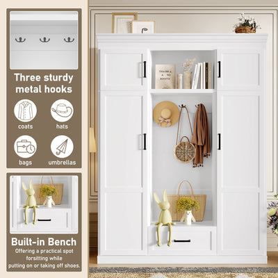 U-Can 85.2''H Hall Tree with Bench and 3 Hooks, Modern Entryway Storage Organizer Cabinet with 4 Doors, 1 Drawer and Adjustable Shelves for Hallway, Entryway, Living Room