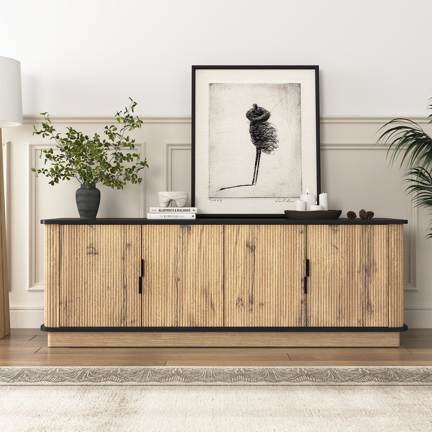 Natural Wood Grain Four-Door MDF TV Cabinet, An Ideal Choice for TV And Item Storage in Modern Homes, A Perfect Blend of Nordic And Modern Minimalist Styles, With Dimensions of 55*15.7*18.9 inches