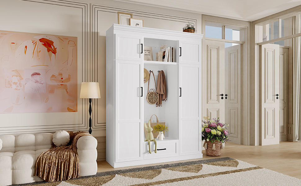 U-Can 85.2''H Hall Tree with Bench and 3 Hooks, Modern Entryway Storage Organizer Cabinet with 4 Doors, 1 Drawer and Adjustable Shelves for Hallway, Entryway, Living Room
