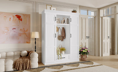 U-Can 85.2''H Hall Tree with Bench and 3 Hooks, Modern Entryway Storage Organizer Cabinet with 4 Doors, 1 Drawer and Adjustable Shelves for Hallway, Entryway, Living Room