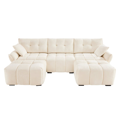 Elegant Textured Chenille 3 Seater Sofa Set with Ottoman and Throw Pillows in Sturdy Solid Wood Frame, White