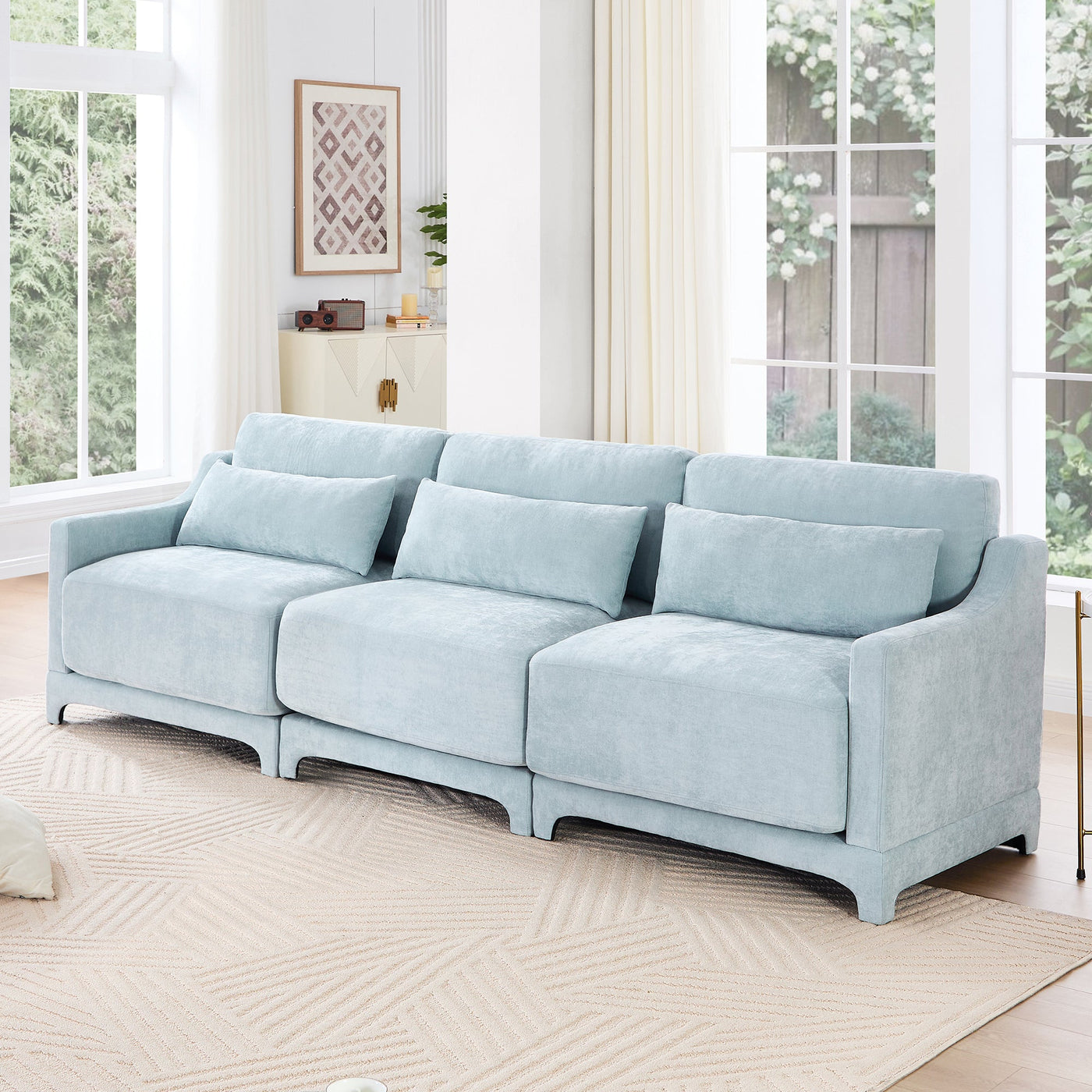 Elegant Sky Blue Three-Seater Sofa with Lumbar Pillow, Chenille Upholstery, Ergonomic Design, Wooden Base