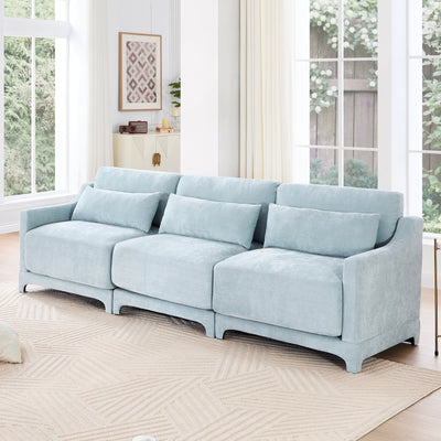 Elegant Sky Blue Three-Seater Sofa with Lumbar Pillow, Chenille Upholstery, Ergonomic Design, Wooden Base
