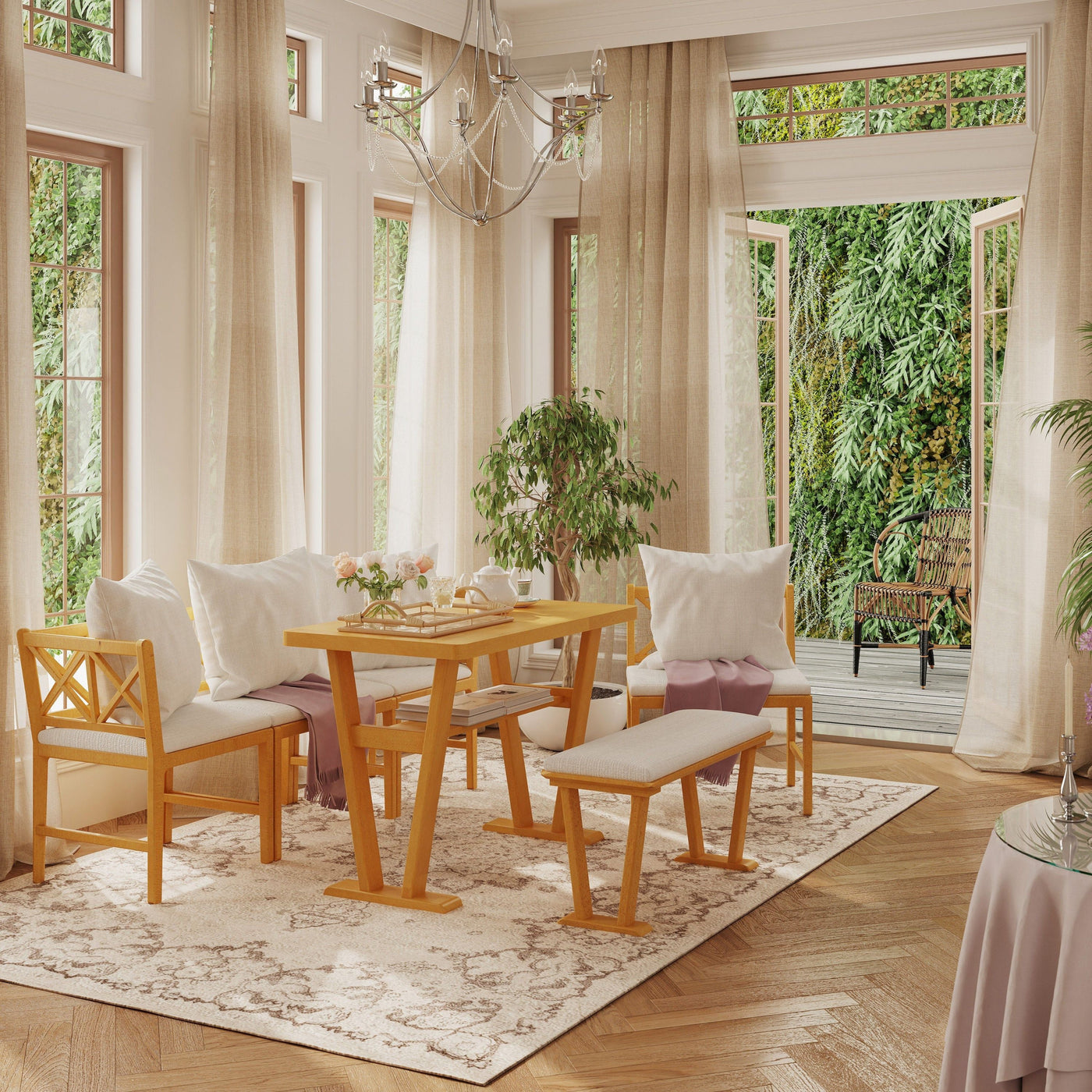 Farmhouse Solid Wood Dining Nook Set for 6, Space-Saving High Top Corner Table with Bench & Chairs, Natural+White