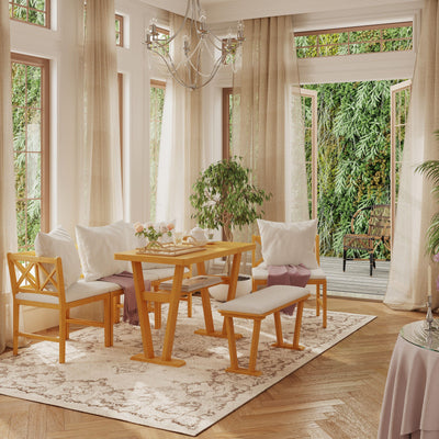 Farmhouse Solid Wood Dining Nook Set for 6, Space-Saving High Top Corner Table with Bench & Chairs, Natural+White