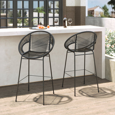 Ferrara Outdoor Patio Barstool Set of 2, Black Faux Wicker PE Rattan with Iron Frame