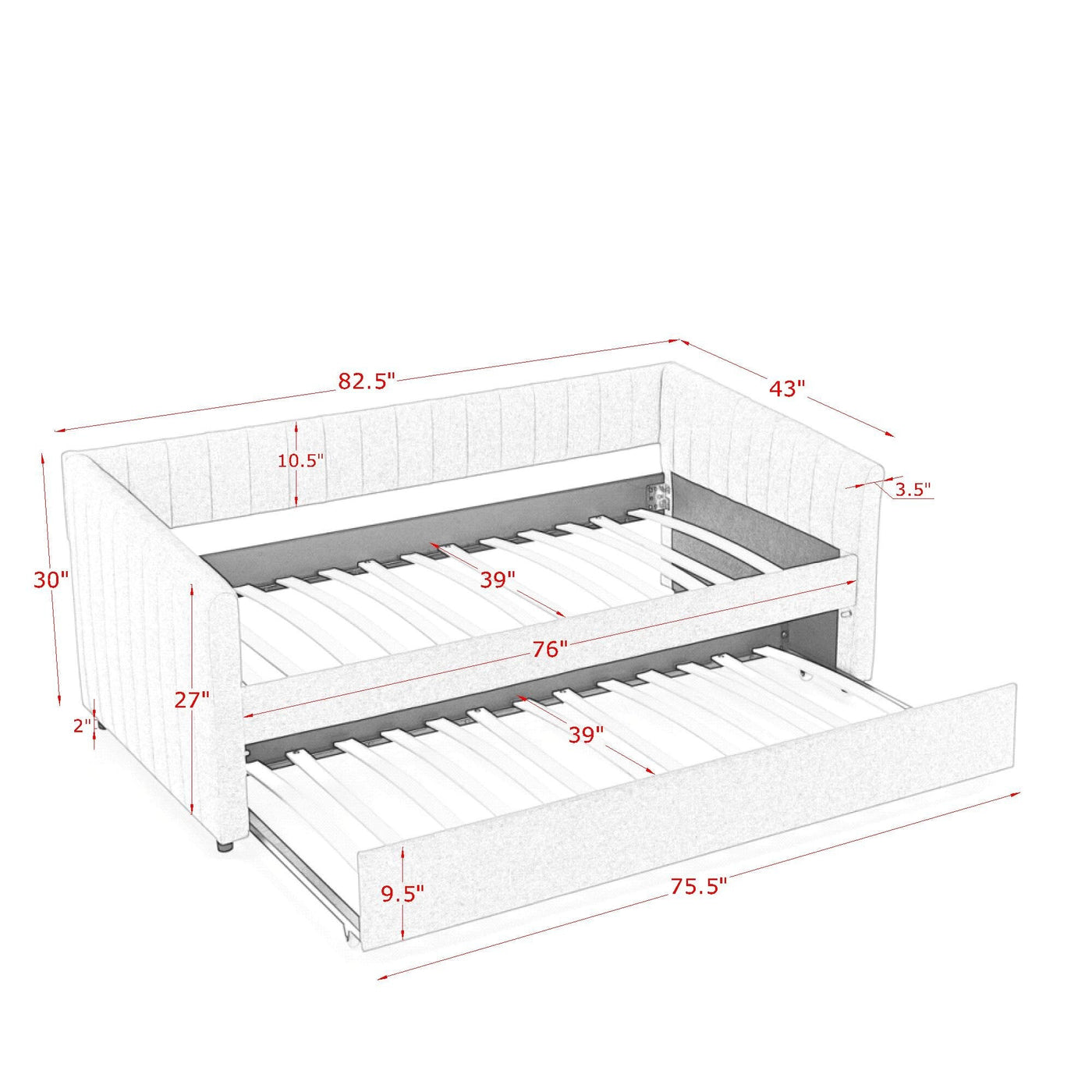 Twin Size Daybed with Trundle Upholstered Sofa Bed, with Vertical Stripes, Linen Fabric, Beige  (82.5'x43'x30')