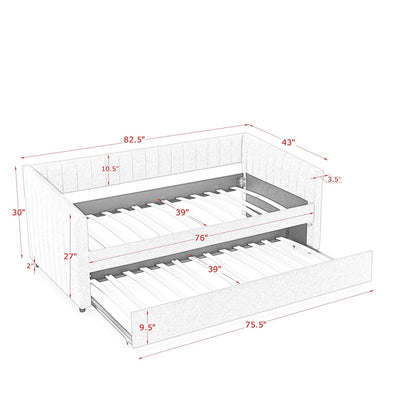 Twin Size Daybed with Trundle Upholstered Sofa Bed, with Vertical Stripes, Linen Fabric, Beige  (82.5'x43'x30')