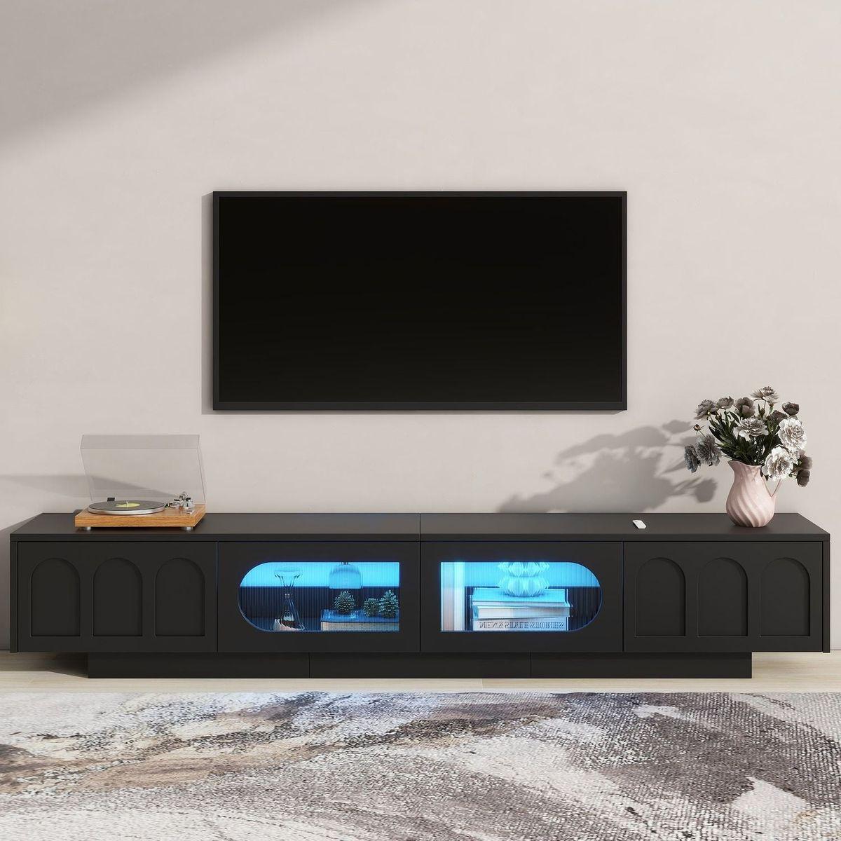 TV Stand with Fluted tempered Glass Doors for TVs Up to 95", Functional Media Console with Arched Cabinet Doors, Entertainment Center with APP-Controlled LED Light for Living Room, Black