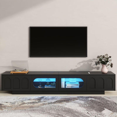 TV Stand with Fluted tempered Glass Doors for TVs Up to 95", Functional Media Console with Arched Cabinet Doors, Entertainment Center with APP-Controlled LED Light for Living Room, Black