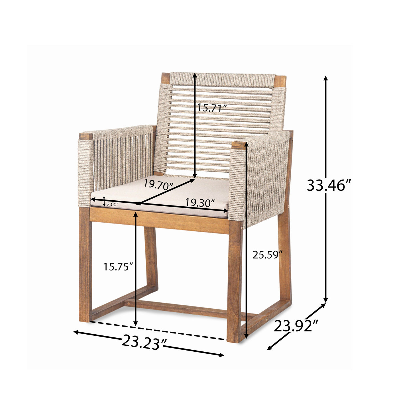 Acacia Wood Outdoor Dining Chairs Set of 2 with Rope Design Back and Arms, Washable Cushion, Light Brown