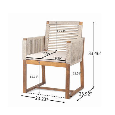 Acacia Wood Outdoor Dining Chairs Set of 2 with Rope Design Back and Arms, Washable Cushion, Light Brown