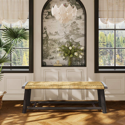 Farmhouse Modern Solid Wood Rattan Bench - Multi-Functional Design Walnut Finish 59 Inch Indoor & Covered Outdoor Bench