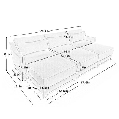 Ergonomic Three-Seater Sofa with Movable Ottomans and Lumbar Pillow in Green Chenille with Wooden Base