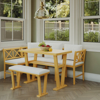 Farmhouse Solid Wood Dining Nook Set for 6, Space-Saving High Top Corner Table with Bench & Chairs, Natural+White