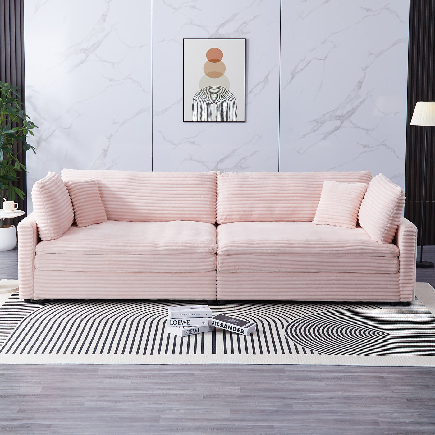 Elegant Pink Corduroy Sofa with Throw Pillows and Backrests for Living Room Leisure
