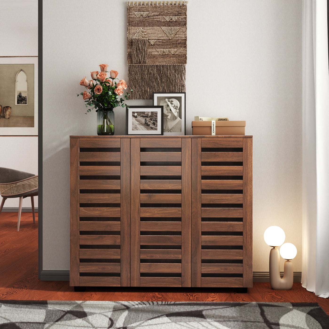 Shoe Cabinet, 5-Tier Shoe Storage Cabinet with Adjustable Shelves, Wooden Shoe Rack Organizer with Louvered Doors for Entryway, Hallway, Bedroom, Closet, Living Room