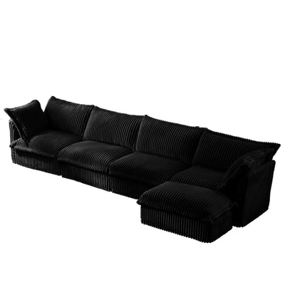 Slipcovered L Shape Sectional Long Sofa Couch, 4 Seater Sofa with Suppleness Armrests,Deep Seat Sofa with 2 Big Pillows, Comfy Couch for Living Room, Apartment, Black Corduroy Fabric