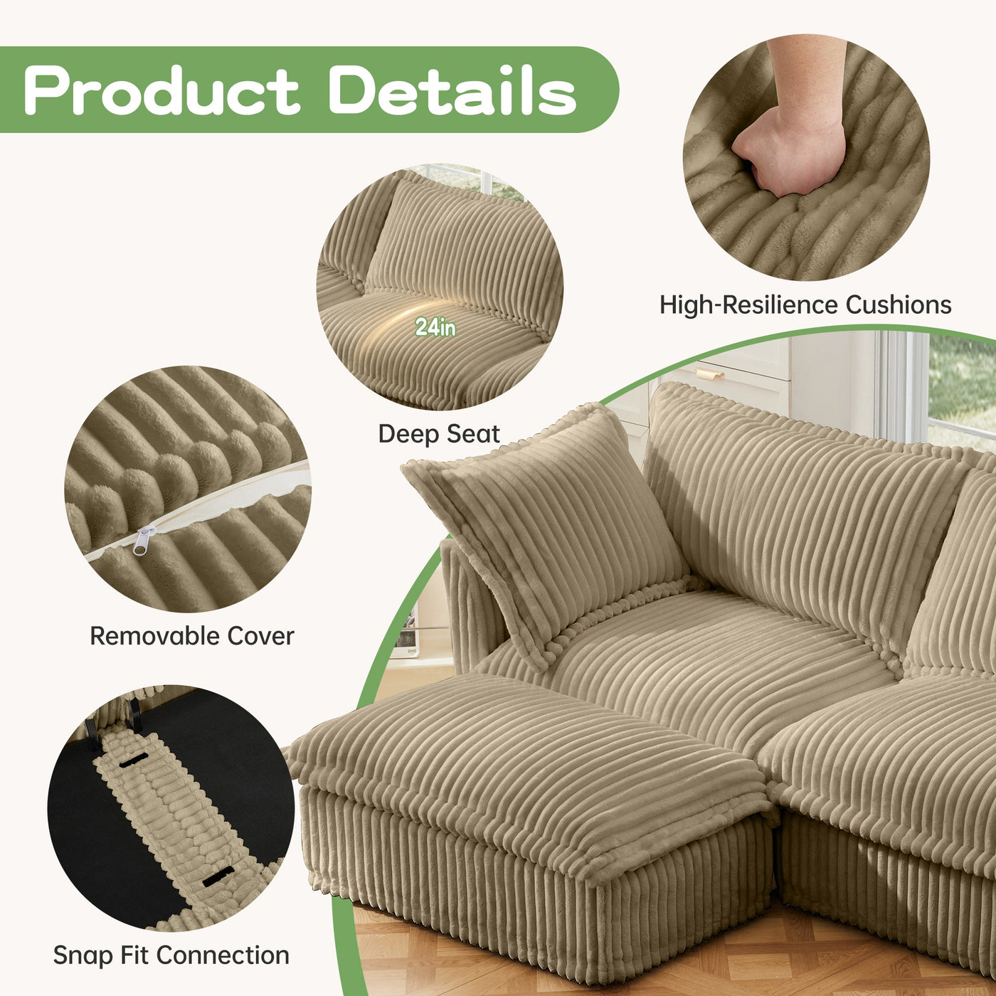 Slip-covered Armchair with 1 Big Back Cushion and 2 Big Toss Pillows, Single Deep Seat Comfy Single Couch Sofa Multiple Large Soft Pillows, Camel Corduroy Fabric