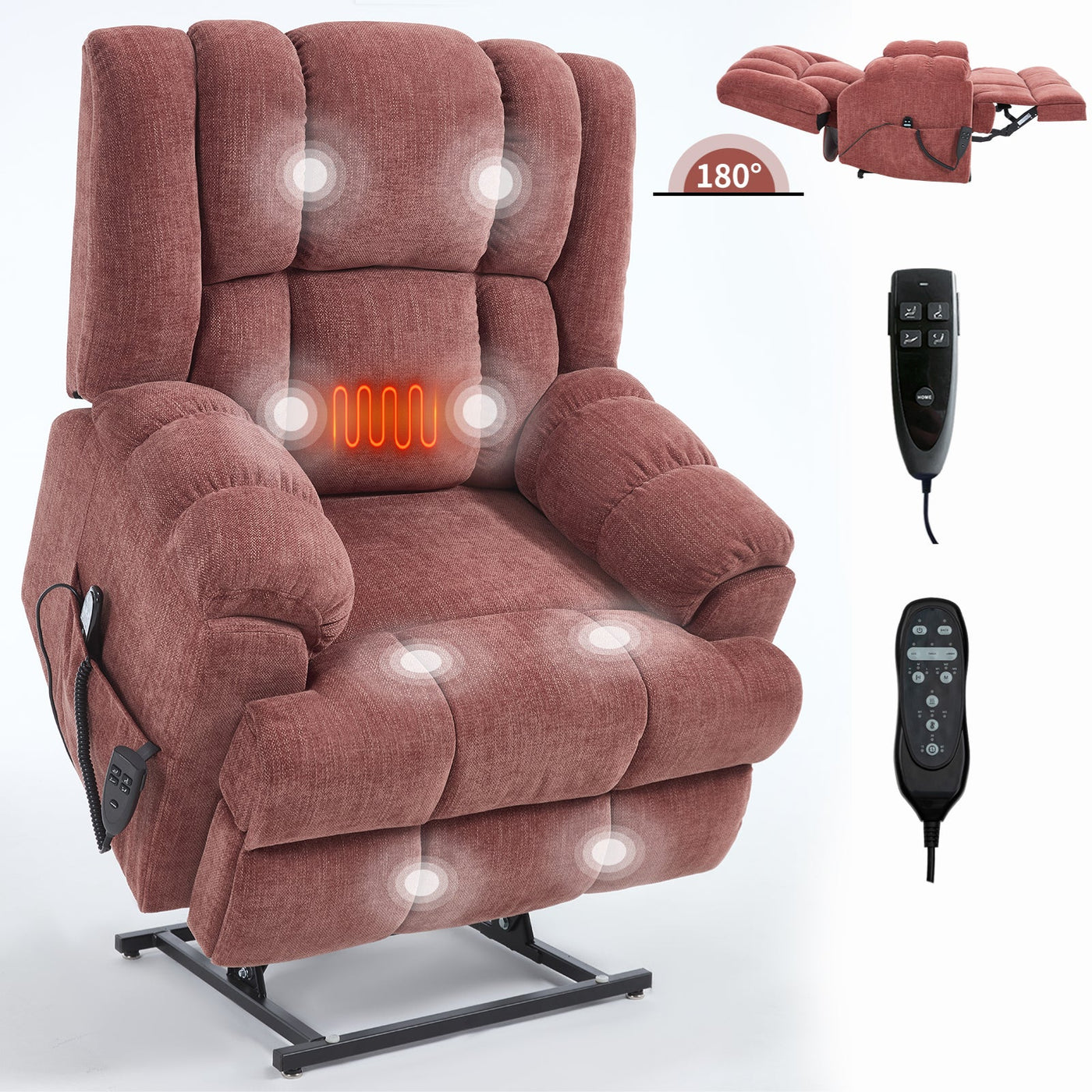 Dual Motor Heat Massage Infinite Position Up to 350 LBS Electric Power Lift Recliners with Power-Remote, Medium-firm and Heavy Duty, Red